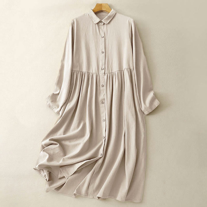 Buddha Stones Commute Long Sleeve Pure Color Button Design Lapel Cotton Midi Dress - PaleGoldenrod - US8-10,UK/AU12-14,EU40-42 (2XL) - image 0