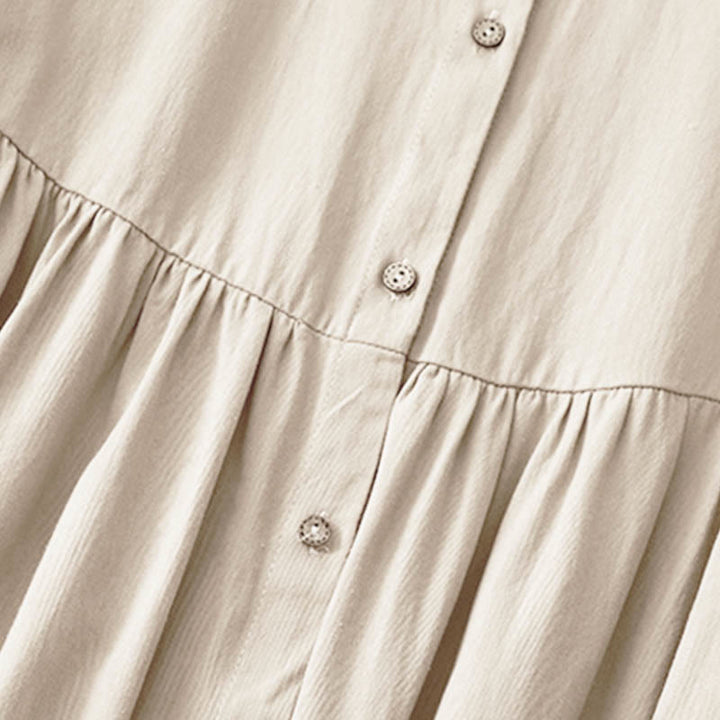 Buddha Stones Commute Long Sleeve Pure Color Button Design Lapel Cotton Midi Dress - image 2