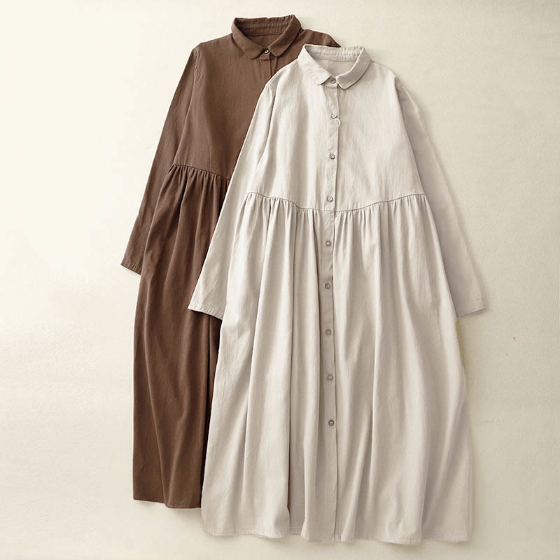 Buddha Stones Commute Long Sleeve Pure Color Button Design Lapel Cotton Midi Dress - image 8