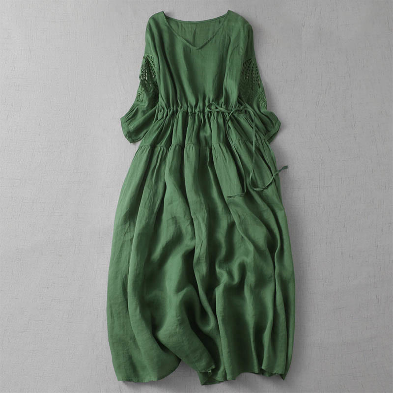 Buddha Stones Embroidery Patchwork Long Puff Sleeve Drawstring Midi Dress With Pockets - SeaGreen - US8-10,UK/AU12-14,EU40-42 (2XL) - image 1