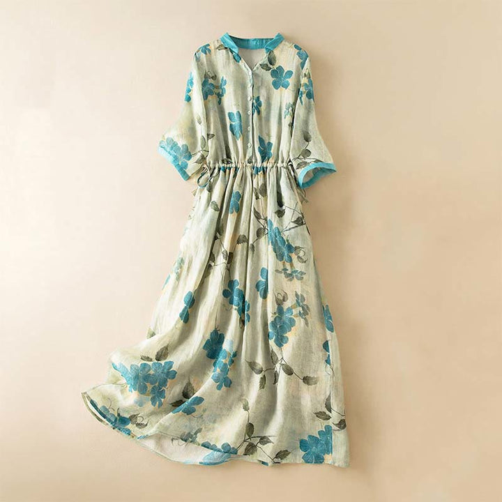 Buddha Stones Half Sleeve Color Contrast Floral Pattern Midi Dress With Pockets - LightGreen - US12,UK/AU16,EU44 (3XL) - image 0