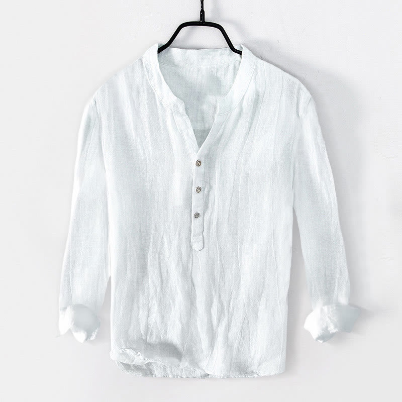 Buddha Stones Solid Color Short Sleeve Half Button Shirt Cotton Linen Men Clothing - Long Sleeve - White - US/UK/AU50,EU60 (5XL) - image 23
