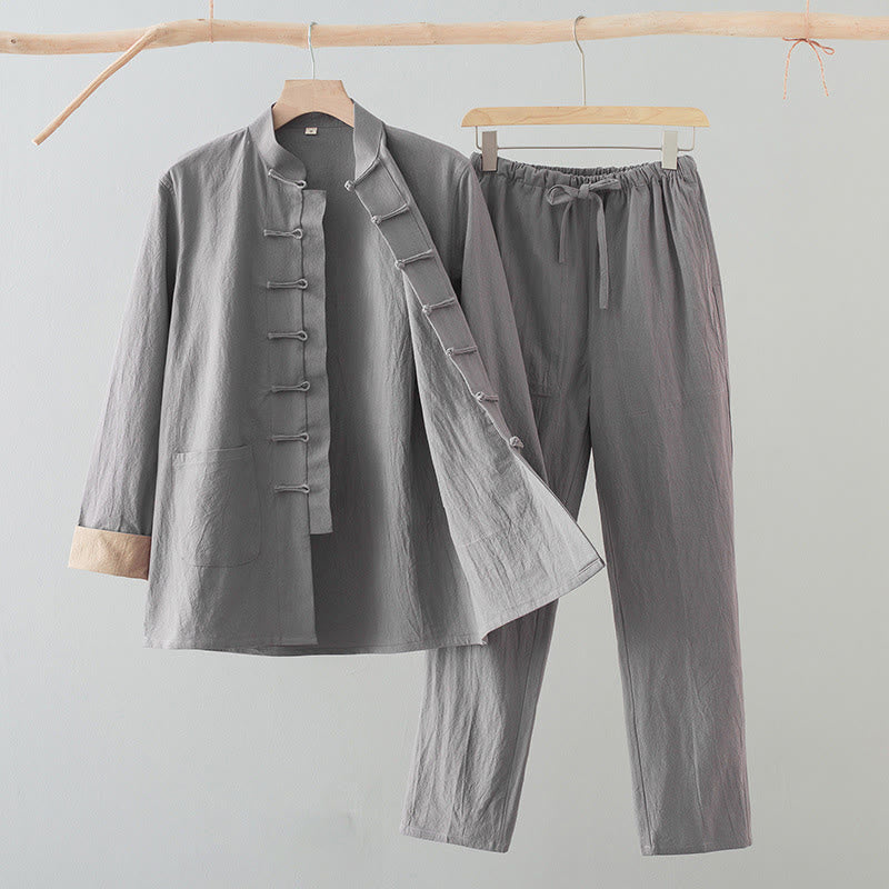 Buddha Stones 2Pcs Tang Suit Men's Frog-Button Cotton Long Sleeve Shirt Pants Set With Pockets - LightGrey - US/UK/AU44,EU54 (4XL) - image 15