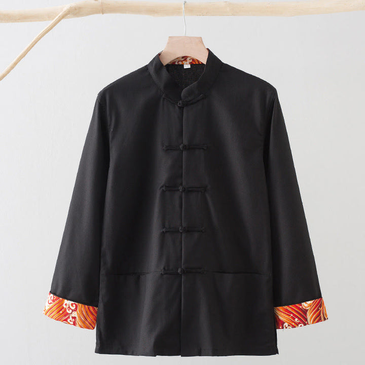 Buddha Stones Solid Embroidered Waves Long Sleeve Frog-Button Cotton Linen Men's Shirt - Black - US/UK/AU44,EU54 (4XL) - image 10