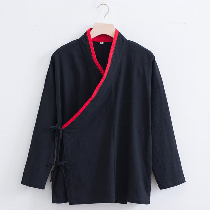 Buddha Stones Vintage Solid Long Sleeve Lace-up Design Cotton Linen Men's Shirt - Black - US/UK/AU44,EU54 (4XL) - image 12