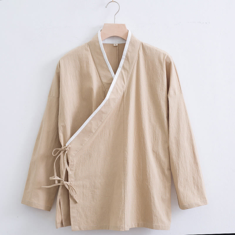 Buddha Stones Vintage Solid Long Sleeve Lace-up Design Cotton Linen Men's Shirt - Wheat - US/UK/AU44,EU54 (4XL) - image 8