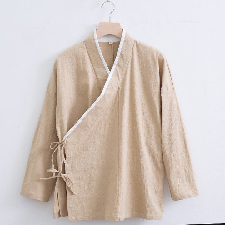 Buddha Stones Vintage Solid Long Sleeve Lace-up Design Cotton Linen Men's Shirt - Wheat - US/UK/AU44,EU54 (4XL) - image 8