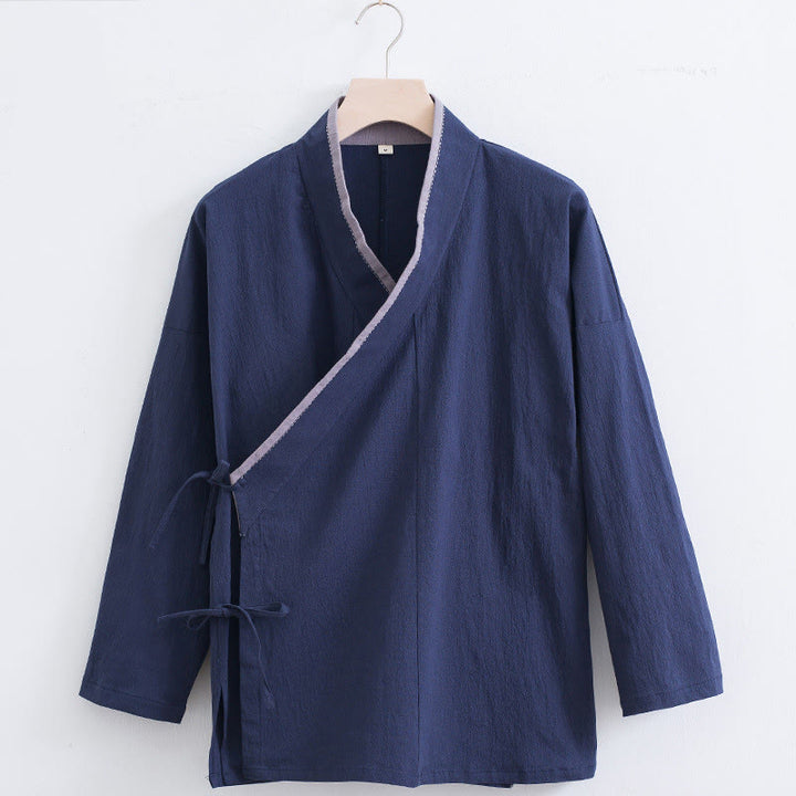 Buddha Stones Vintage Solid Long Sleeve Lace-up Design Cotton Linen Men's Shirt - SteelBlue - US/UK/AU44,EU54 (4XL) - image 10