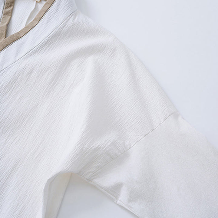 Buddha Stones Vintage Solid Long Sleeve Lace-up Design Cotton Linen Men's Shirt - image 3