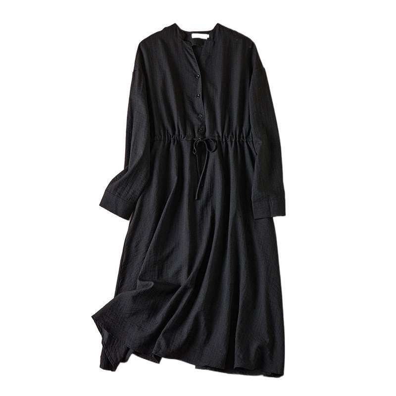 Buddha Stones Pure Color Notched Collar Drawstring Cotton Long Sleeve Midi Dress With Pockets - image 6