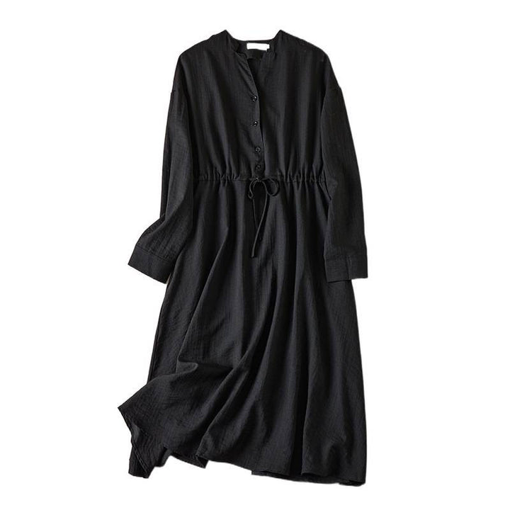 Buddha Stones Pure Color Notched Collar Drawstring Cotton Long Sleeve Midi Dress With Pockets - image 6