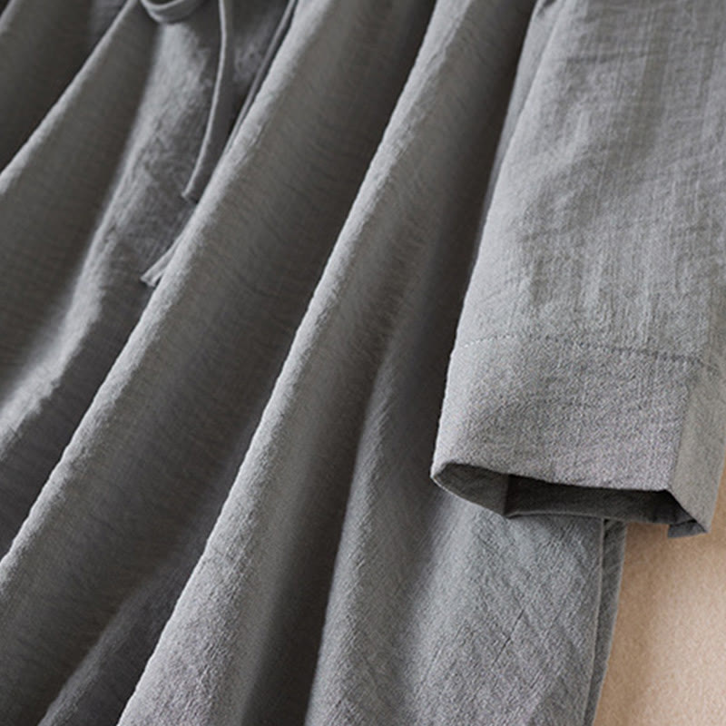 Buddha Stones Pure Color Notched Collar Drawstring Cotton Long Sleeve Midi Dress With Pockets - image 9