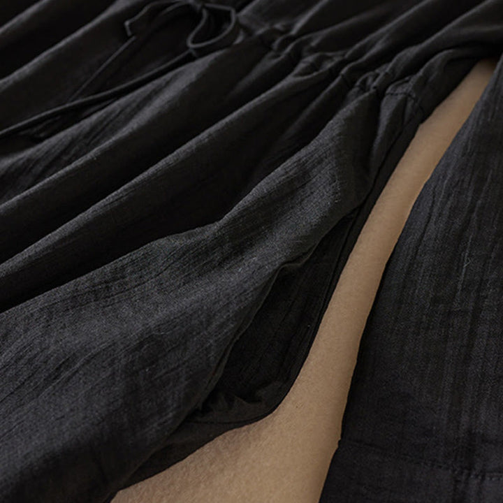 Buddha Stones Pure Color Notched Collar Drawstring Cotton Long Sleeve Midi Dress With Pockets - image 3