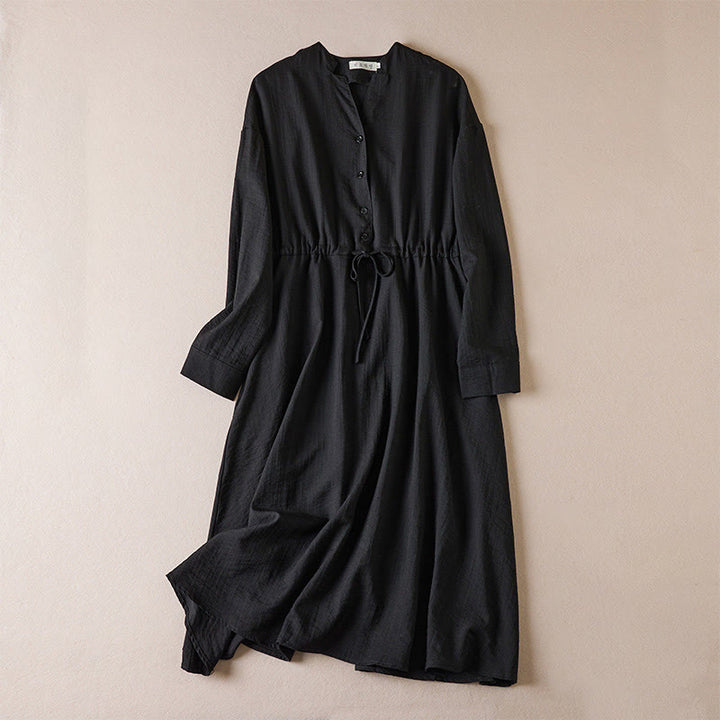 Buddha Stones Pure Color Notched Collar Drawstring Cotton Long Sleeve Midi Dress With Pockets - Black - US8-10,UK/AU12-14,EU40-42 (2XL) - image 0
