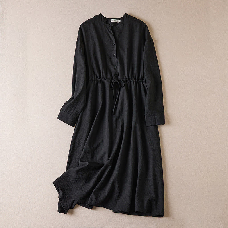 Buddha Stones Pure Color Notched Collar Drawstring Cotton Long Sleeve Midi Dress With Pockets - Black - US8-10,UK/AU12-14,EU40-42 (2XL) - image 0