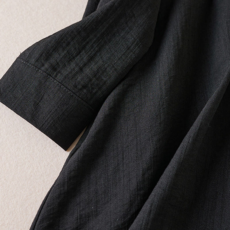 Buddha Stones Pure Color Notched Collar Drawstring Cotton Long Sleeve Midi Dress With Pockets - image 2