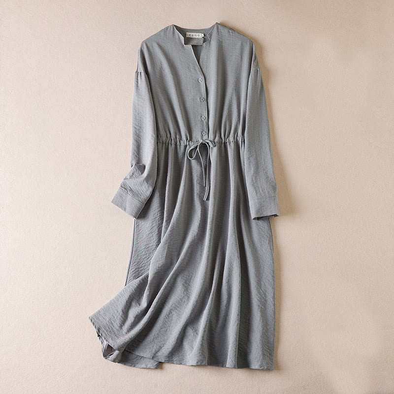 Buddha Stones Pure Color Notched Collar Drawstring Cotton Long Sleeve Midi Dress With Pockets - DarkGray - US8-10,UK/AU12-14,EU40-42 (2XL) - image 7