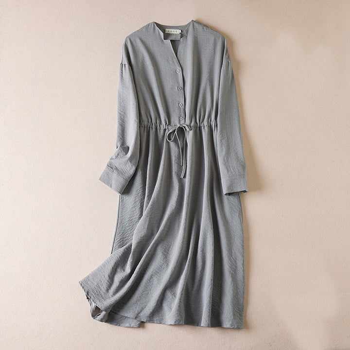 Buddha Stones Pure Color Notched Collar Drawstring Cotton Long Sleeve Midi Dress With Pockets - DarkGray - US8-10,UK/AU12-14,EU40-42 (2XL) - image 7