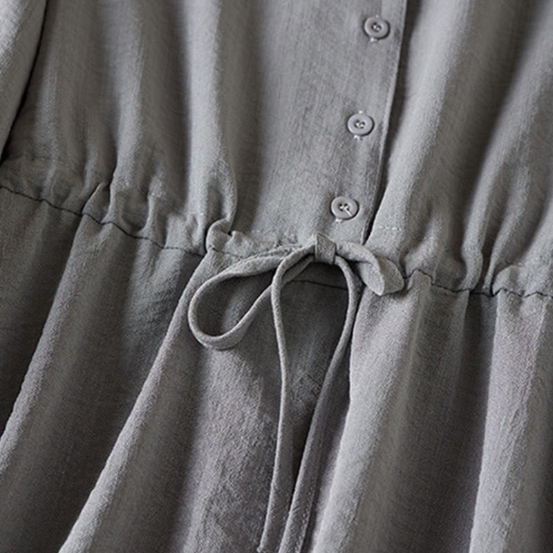 Buddha Stones Pure Color Notched Collar Drawstring Cotton Long Sleeve Midi Dress With Pockets - image 10