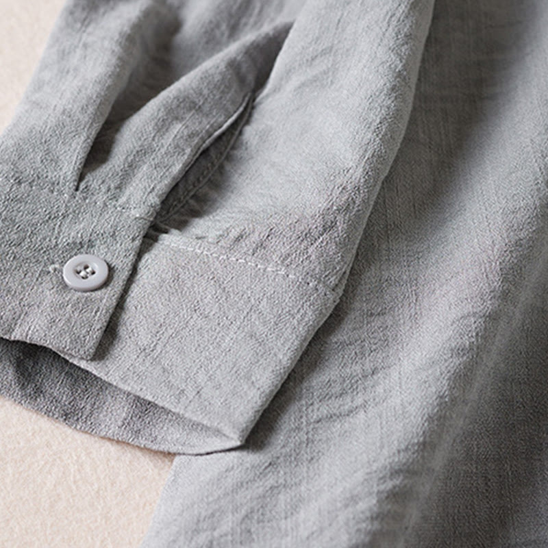 Buddha Stones Pure Color Notched Collar Drawstring Cotton Long Sleeve Midi Dress With Pockets - image 13