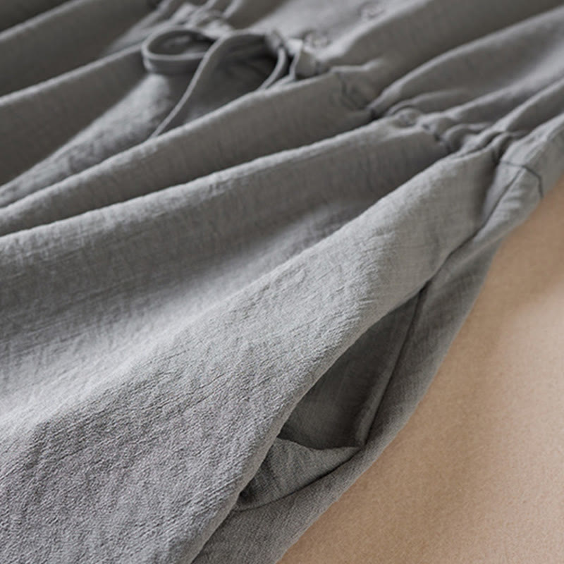 Buddha Stones Pure Color Notched Collar Drawstring Cotton Long Sleeve Midi Dress With Pockets - image 11