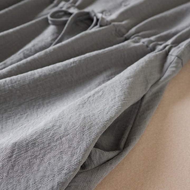 Buddha Stones Pure Color Notched Collar Drawstring Cotton Long Sleeve Midi Dress With Pockets - image 11