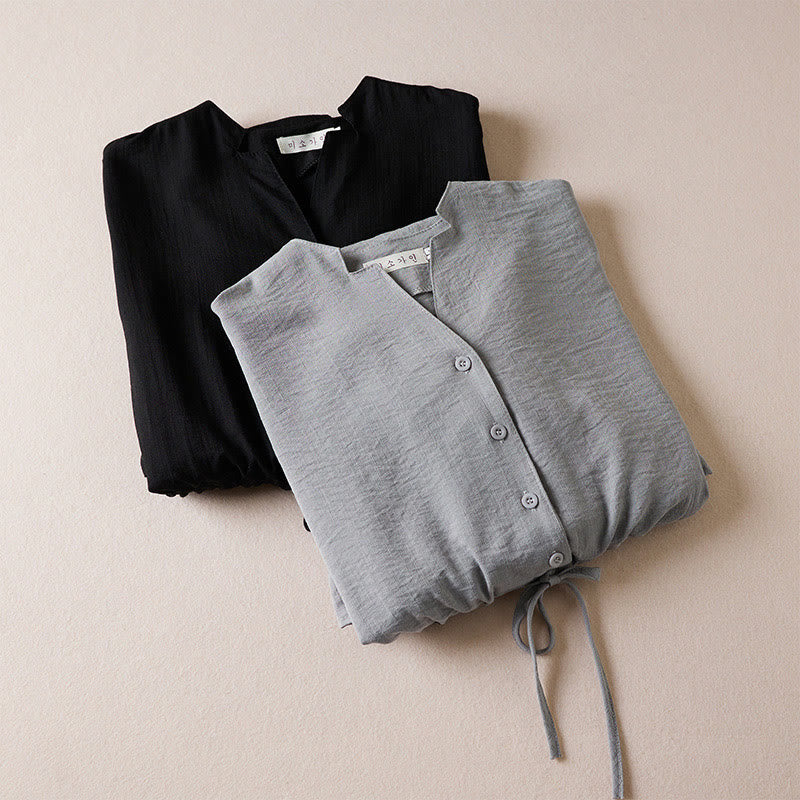 Buddha Stones Pure Color Notched Collar Drawstring Cotton Long Sleeve Midi Dress With Pockets - image 15