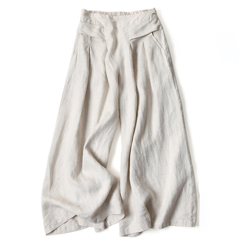 Buddha Stones Plain Color Cotton Linen High Waist Wide Leg Pants With Pockets - Beige - US16,UK/AU20,EU48 (3XL) - image 10