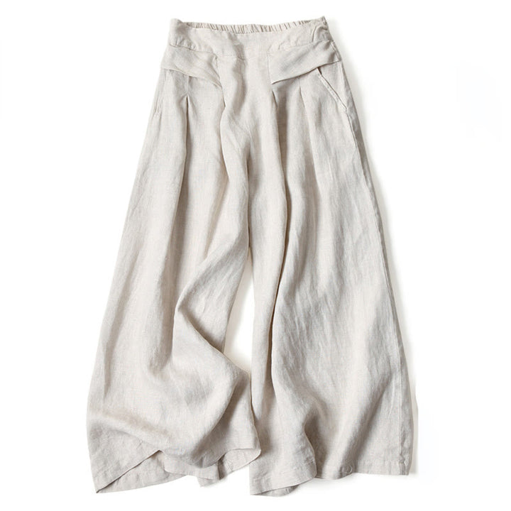 Buddha Stones Plain Color Cotton Linen High Waist Wide Leg Pants With Pockets - Beige - US16,UK/AU20,EU48 (3XL) - image 10