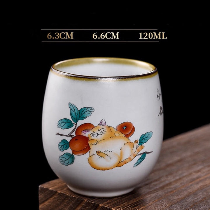 Buddha Stones Cute Lying Cat Branches Teacup Kung Fu Tea Cup With Gift Box - Lying Cat & Branches 6.3cm*6.6cm*120ml - image 0