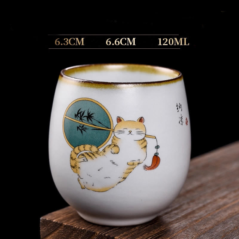 Buddha Stones Cute Lying Cat Branches Teacup Kung Fu Tea Cup With Gift Box - Lying Cat & Fan 6.3cm*6.6cm*120ml - image 14