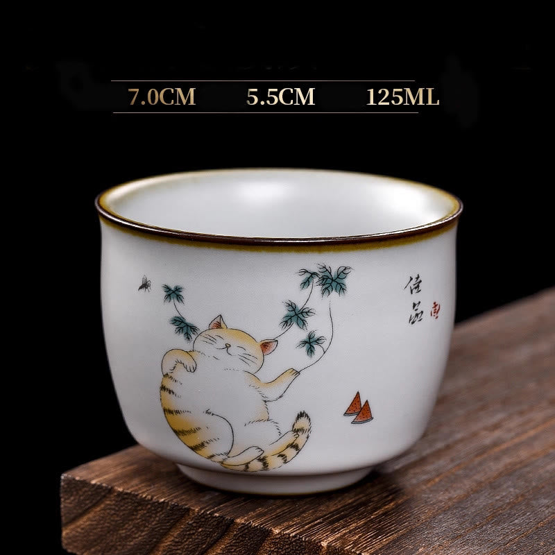 Buddha Stones Cute Lying Cat Branches Teacup Kung Fu Tea Cup With Gift Box - Lying Cat & Leaves 7cm*5.5cm*125ml - image 18