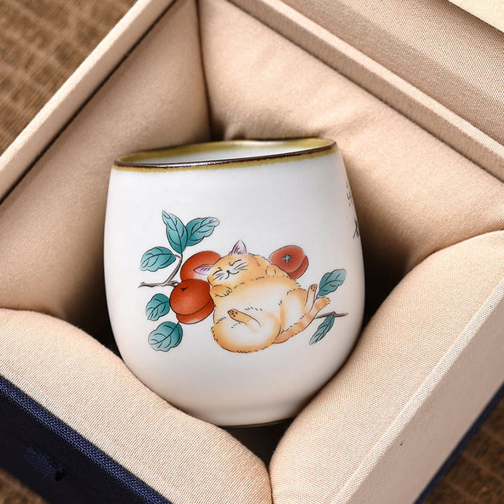 Buddha Stones Cute Lying Cat Branches Teacup Kung Fu Tea Cup With Gift Box - image 1
