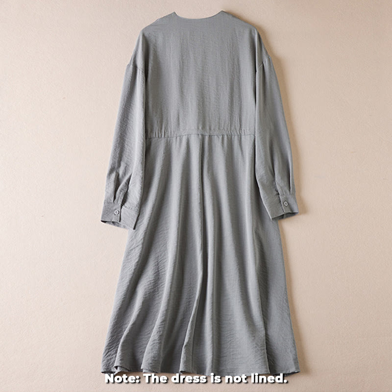 Buddha Stones Pure Color Notched Collar Drawstring Cotton Long Sleeve Midi Dress With Pockets - image 8