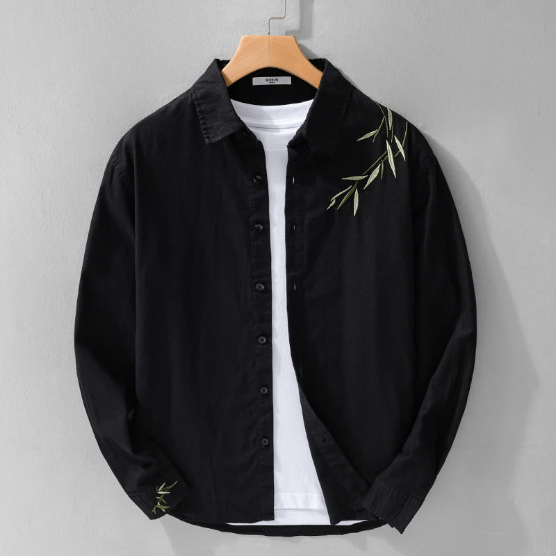 Buddha Stones Embroidery Leaves Pattern Men's Long Sleeve Cotton Linen Shirt - Black - US/UK/AU42,EU52 (3XL) - image 0