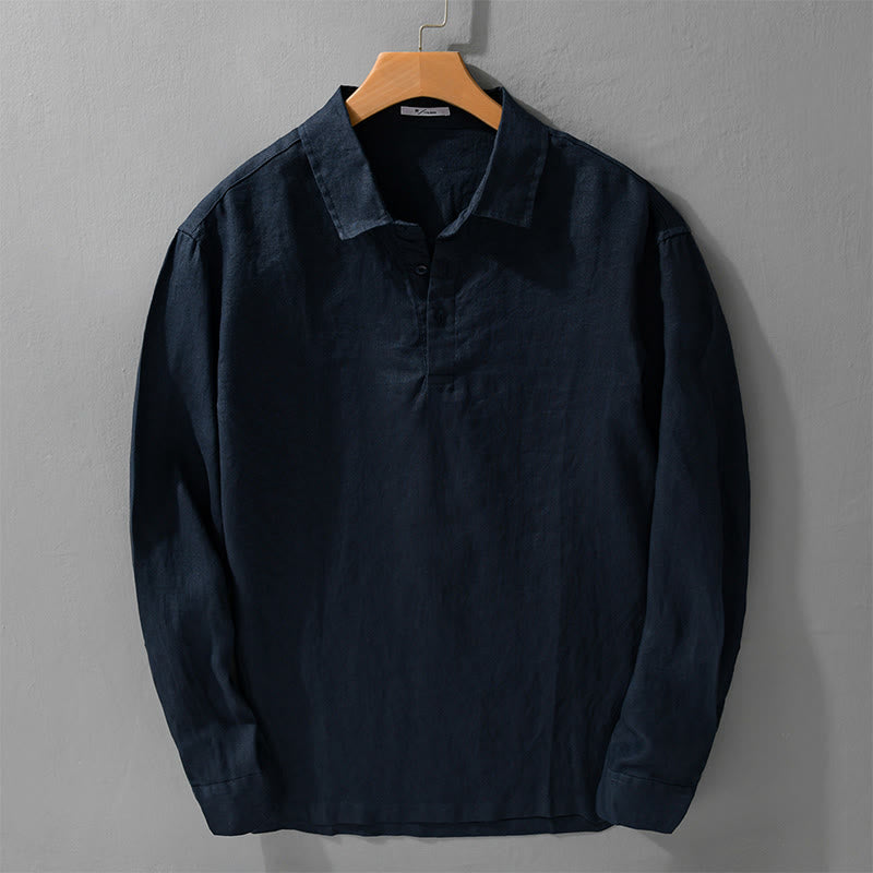 Buddha Stones Men's Solid Color Lapel Buttons Long Sleeve Pure Linen Shirt - MidnightBlue - US/UK/AU42,EU52 (3XL) - image 0