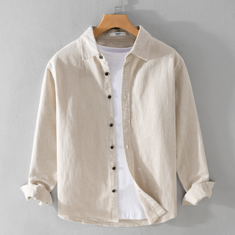 Buddha Stones Men's Pure Color Lapel Buttons Simple Design Ramie Cotton Long Sleeve Shirt - Linen - US/UK/AU42,EU52 (3XL) - image 0