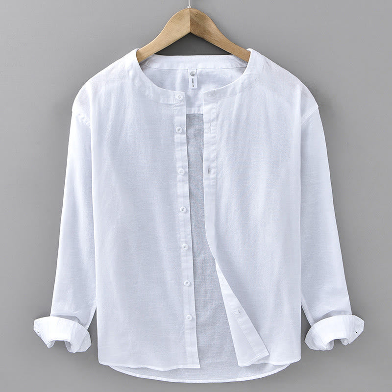 Buddha Stones Men's Spring Pure Color Stand Collar Cotton Linen Long Sleeve Shirt - White - US/UK/AU42,EU52 (3XL) - image 4