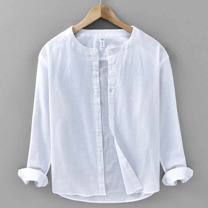 Buddha Stones Men's Spring Pure Color Stand Collar Cotton Linen Long Sleeve Shirt - White - US/UK/AU42,EU52 (3XL) - image 4