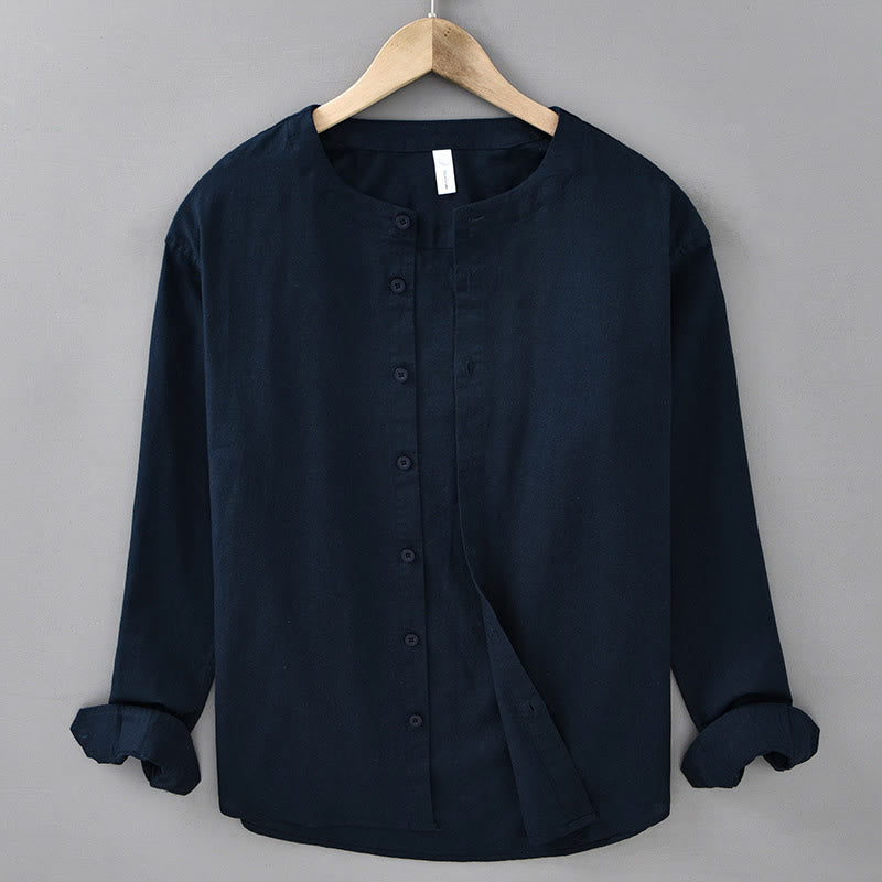 Buddha Stones Men's Spring Pure Color Stand Collar Cotton Linen Long Sleeve Shirt - MidnightBlue - US/UK/AU42,EU52 (3XL) - image 0