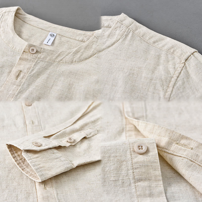 Buddha Stones Men's Spring Pure Color Stand Collar Cotton Linen Long Sleeve Shirt - image 15