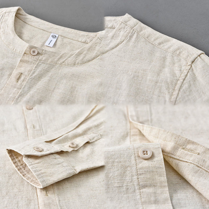 Buddha Stones Men's Spring Pure Color Stand Collar Cotton Linen Long Sleeve Shirt - image 15