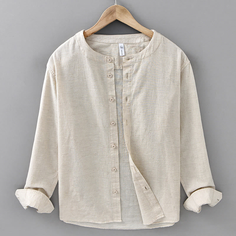 Buddha Stones Men's Spring Pure Color Stand Collar Cotton Linen Long Sleeve Shirt - Linen - US/UK/AU42,EU52 (3XL) - image 8