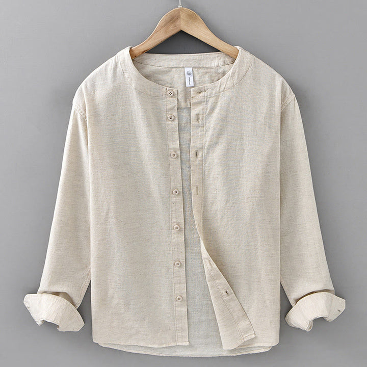 Buddha Stones Men's Spring Pure Color Stand Collar Cotton Linen Long Sleeve Shirt - Linen - US/UK/AU42,EU52 (3XL) - image 8