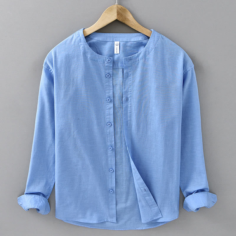 Buddha Stones Men's Spring Pure Color Stand Collar Cotton Linen Long Sleeve Shirt - DodgerBlue - US/UK/AU42,EU52 (3XL) - image 17