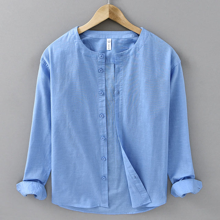 Buddha Stones Men's Spring Pure Color Stand Collar Cotton Linen Long Sleeve Shirt - DodgerBlue - US/UK/AU42,EU52 (3XL) - image 17