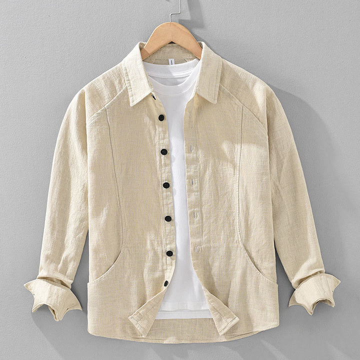 Buddha Stones Men's Fall Plain Ramie Cotton Long Sleeve Lapel Shirt With Pockets - LightGoldenrodYellow - US/UK/AU42,EU52 (3XL) - image 0