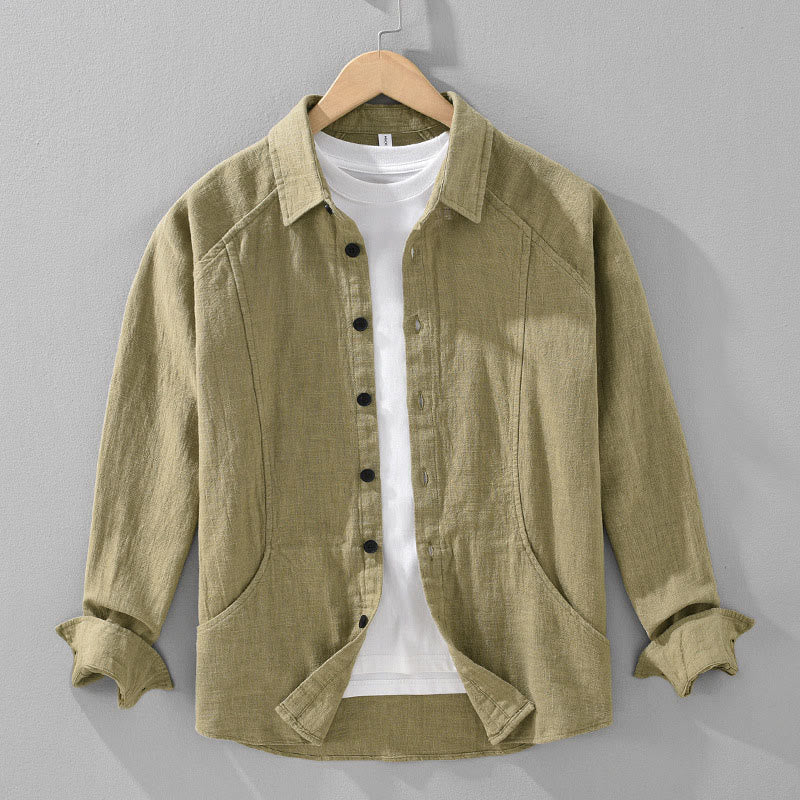 Buddha Stones Men's Fall Plain Ramie Cotton Long Sleeve Lapel Shirt With Pockets - DarkKhaki - US/UK/AU42,EU52 (3XL) - image 15