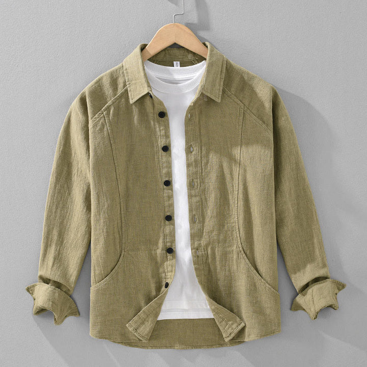 Buddha Stones Men's Fall Plain Ramie Cotton Long Sleeve Lapel Shirt With Pockets - DarkKhaki - US/UK/AU42,EU52 (3XL) - image 15