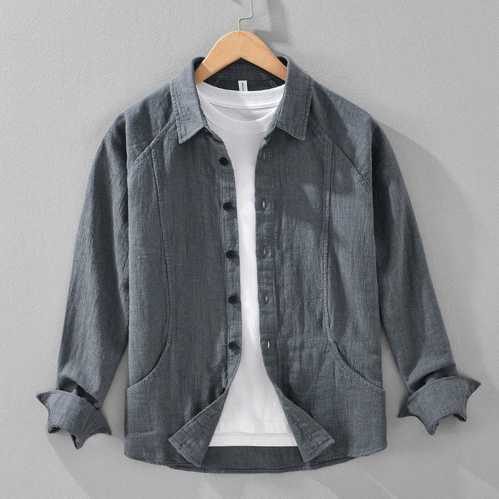 Buddha Stones Men's Fall Plain Ramie Cotton Long Sleeve Lapel Shirt With Pockets - SlateGray - US/UK/AU42,EU52 (3XL) - image 5